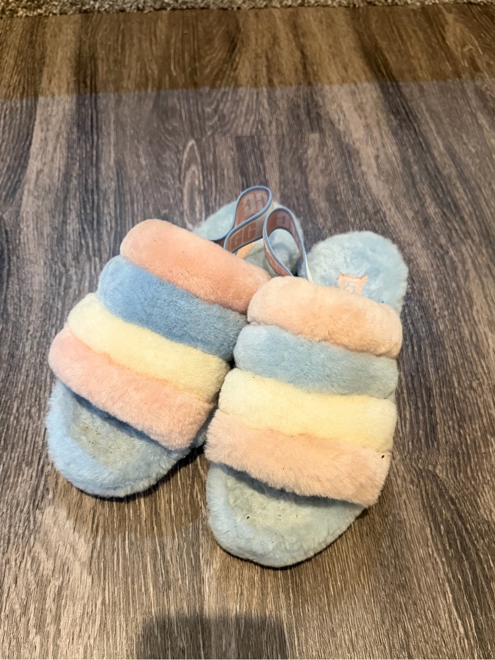 UGG Pastel Rainbow Fluff Slide Slippers - Blue, Pink, Cream